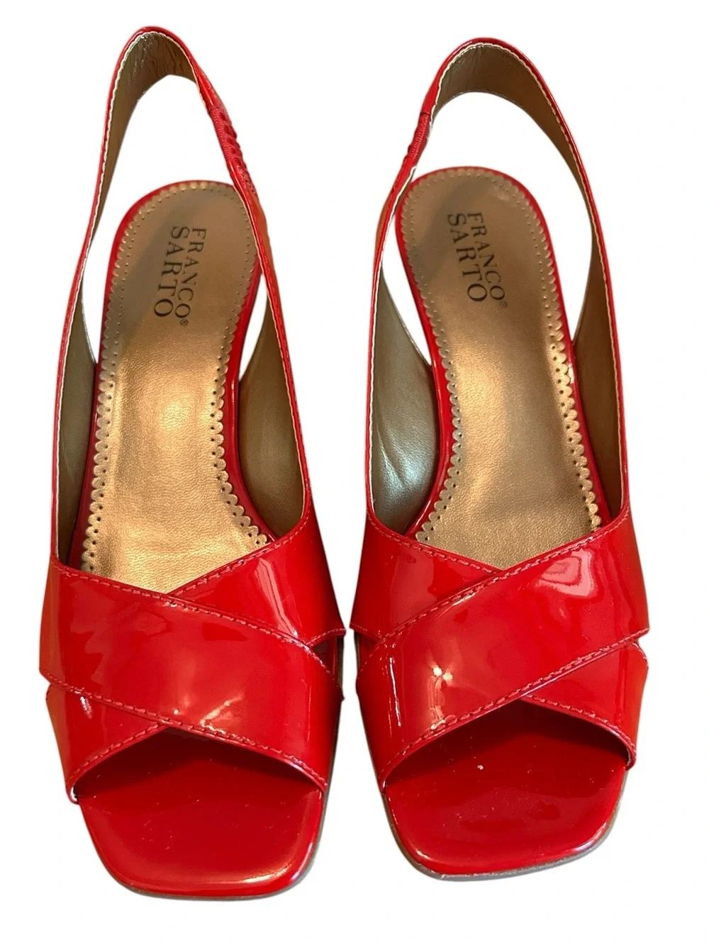 Franco Sarto Slim Wedge Red Patent Slingback Peep-toe Sculptural Heel 8 1/2